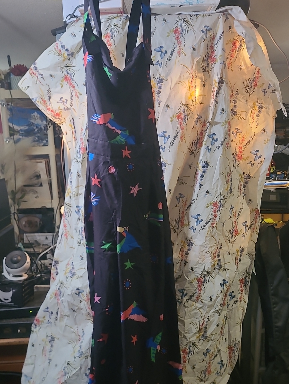 SHEIN Black Overalls with Multicolor Parrot & Star Print Xl But Pretty Roomy